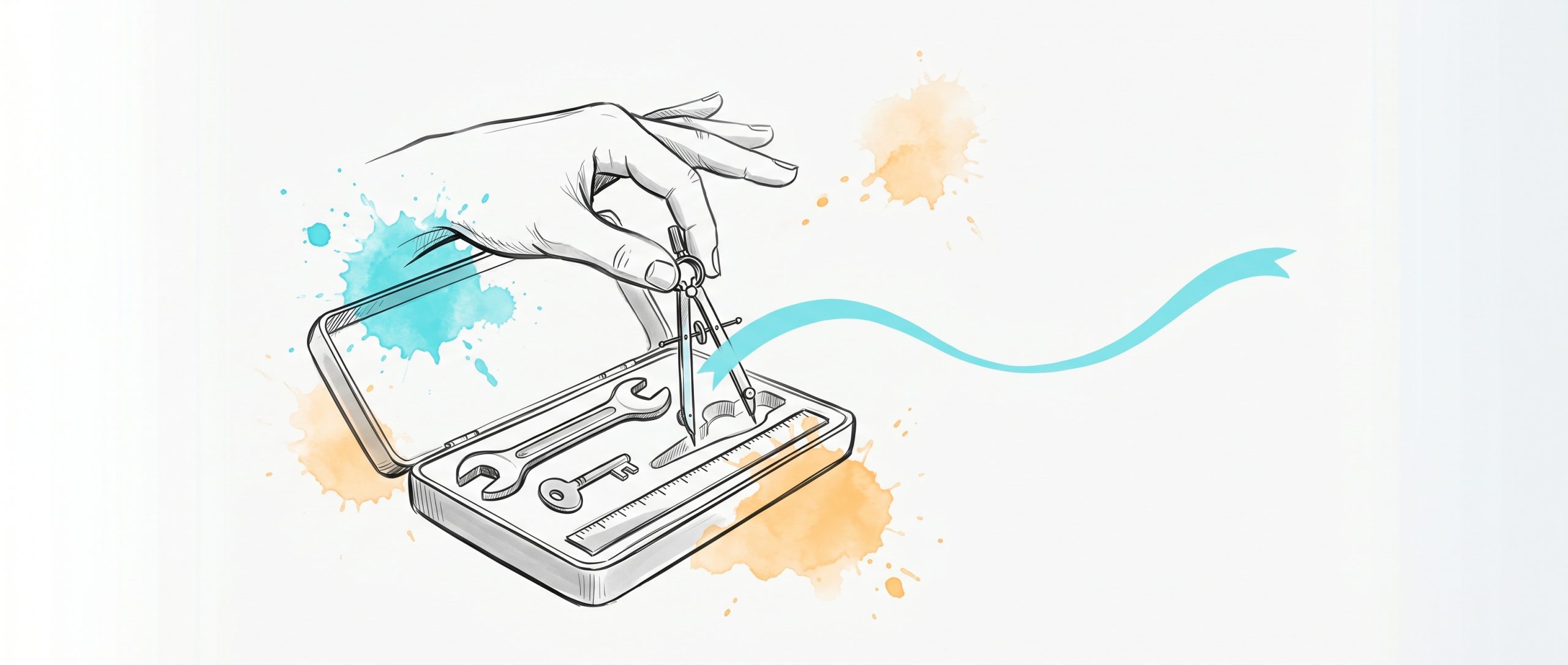 Hand-drawn ink illustration of a hand selecting one tool — a drafting compass — from a tray of different tools including a wrench, key and ruler, with a cyan ribbon-line extending outward, symbolising choosing the right type of goal for the task.