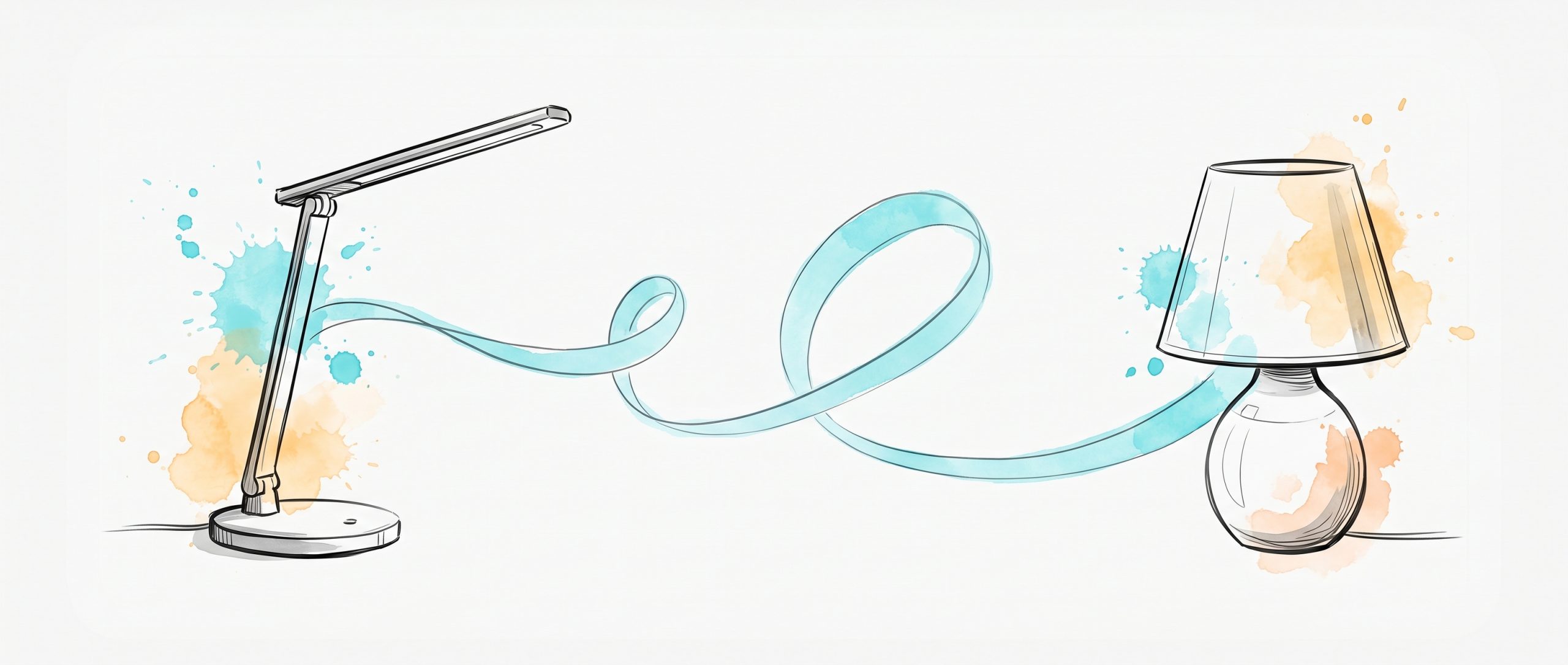 Hand-drawn ink illustration of an office desk lamp and a cosy home lamp linked by a flowing cyan ribbon, with cyan and apricot watercolour splashes, symbolising AI tools for emotional well-being across work and home
