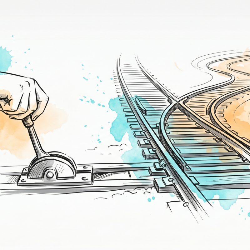 Hand-drawn illustration of a hand pulling a railway track-switch lever so the rails branch onto a new line, symbolising changing course and resetting a goal