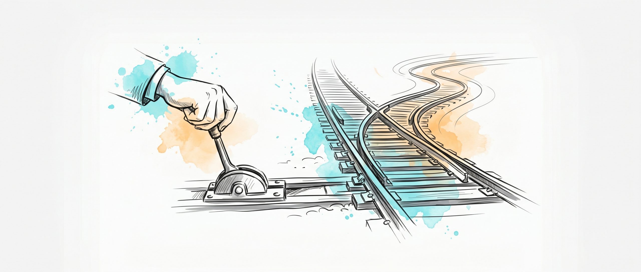 Hand-drawn illustration of a hand pulling a railway track-switch lever so the rails branch onto a new line, symbolising changing course and resetting a goal