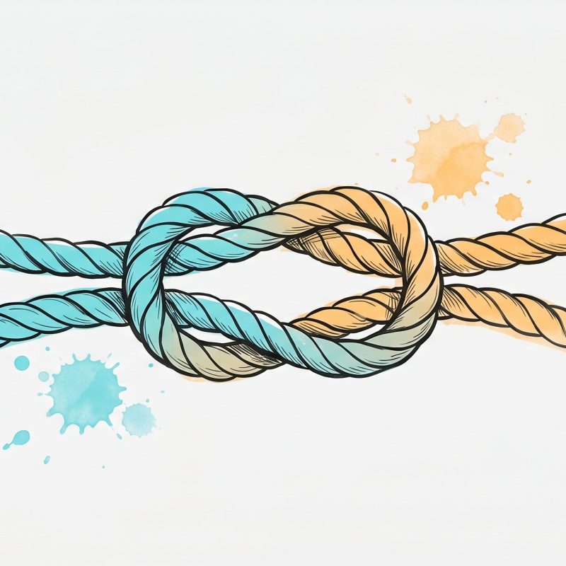 Hand-drawn ink illustration of two ropes, one cyan and one apricot, tied together into a single secure reef knot — two sides joined into one fair agreement