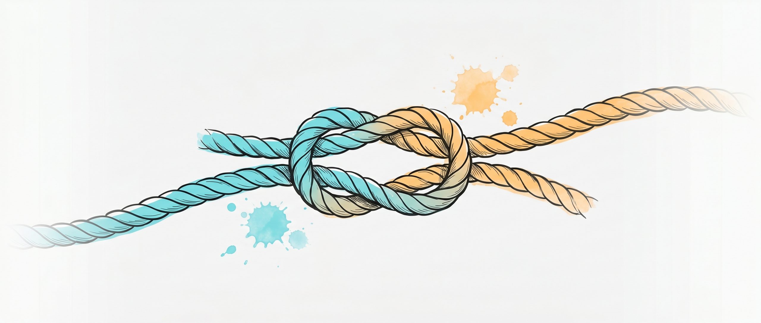 Hand-drawn ink illustration of two ropes, one cyan and one apricot, tied together into a single secure reef knot — two sides joined into one fair agreement