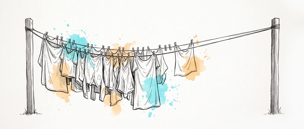 Ink and watercolour illustration of a washing line: one stretch sags almost to the ground under a crowded row of pegged cloths, while the stretch beside it, with several items taken off, springs back level and taut