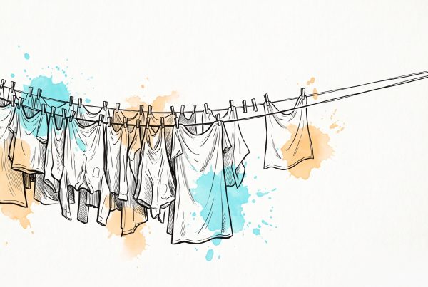 Ink and watercolour illustration of a washing line: one stretch sags almost to the ground under a crowded row of pegged cloths, while the stretch beside it, with several items taken off, springs back level and taut
