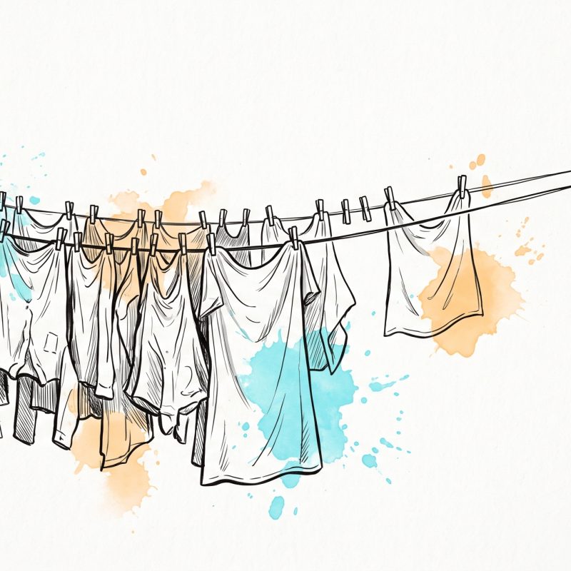 Ink and watercolour illustration of a washing line: one stretch sags almost to the ground under a crowded row of pegged cloths, while the stretch beside it, with several items taken off, springs back level and taut