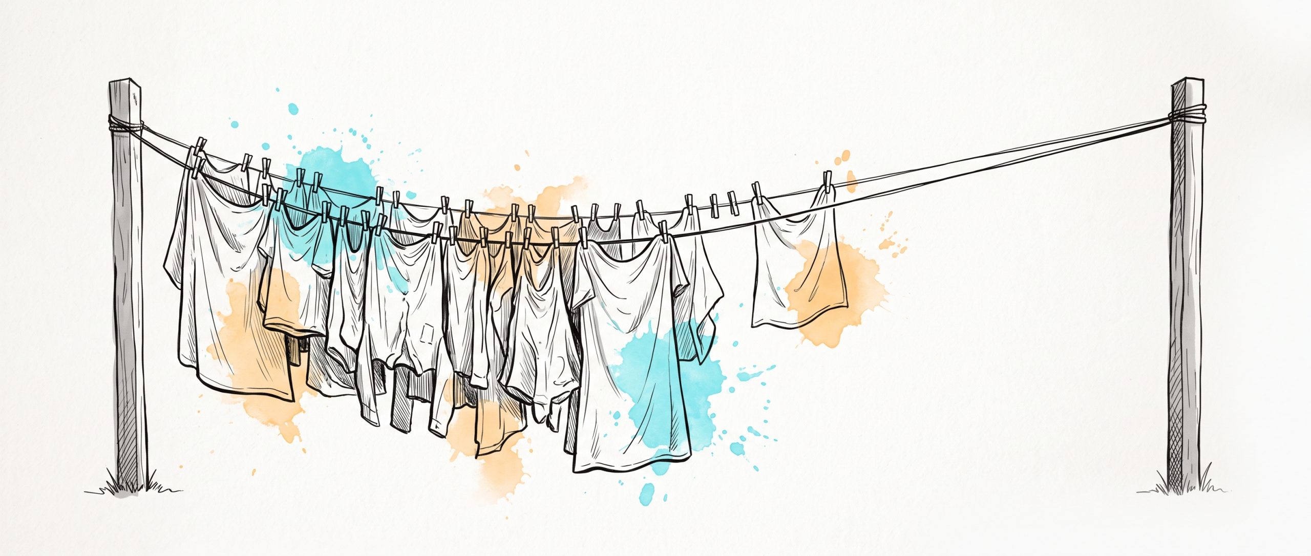 Ink and watercolour illustration of a washing line: one stretch sags almost to the ground under a crowded row of pegged cloths, while the stretch beside it, with several items taken off, springs back level and taut