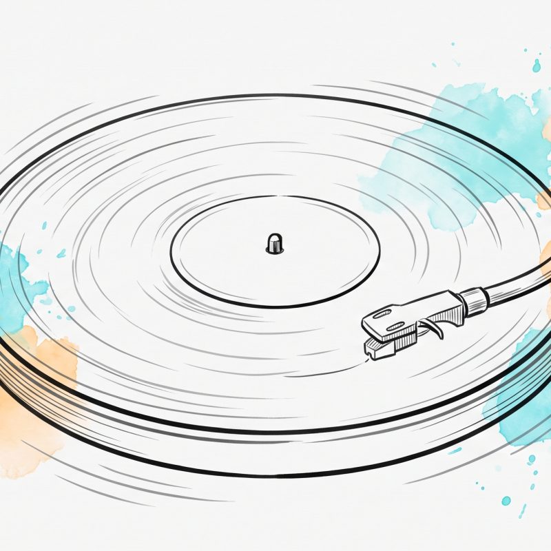 Hand-drawn ink illustration of a vinyl record spinning on a turntable while the tonearm stylus hovers just above the groove, not yet lowered, with cyan and apricot watercolour splashes