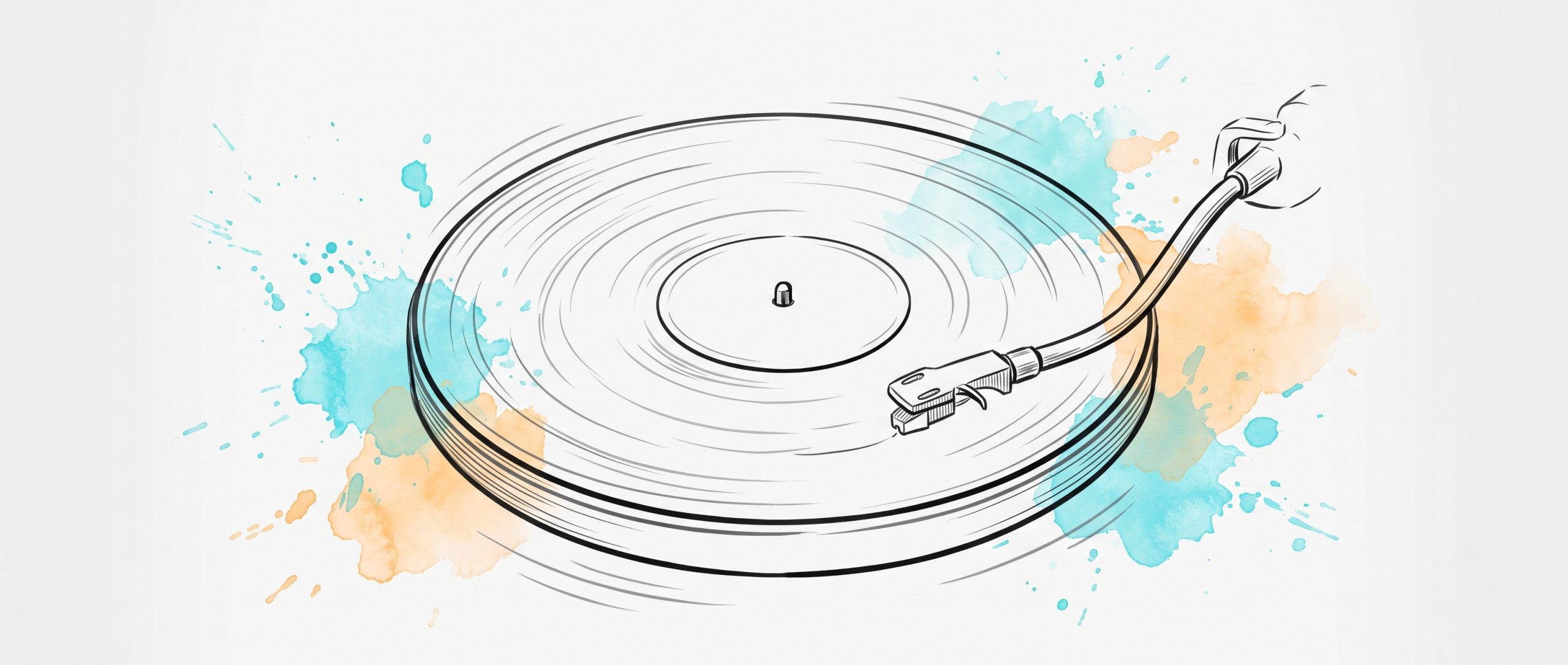 Hand-drawn ink illustration of a vinyl record spinning on a turntable while the tonearm stylus hovers just above the groove, not yet lowered, with cyan and apricot watercolour splashes