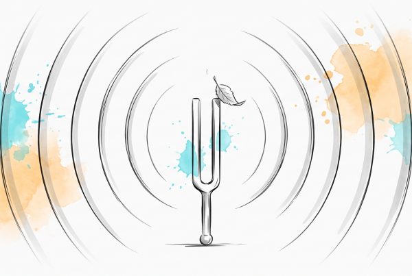 Hand-drawn ink illustration of a tuning fork touched by a single tiny falling leaf, with vast concentric resonance arcs ringing outward — a feather-light signal producing a wide, long-lasting response