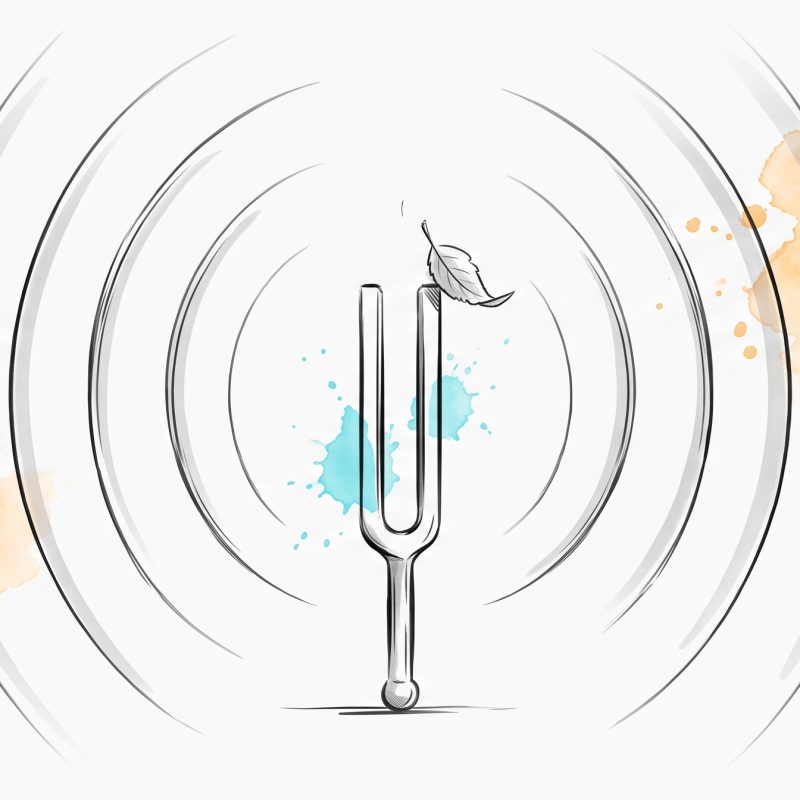 Hand-drawn ink illustration of a tuning fork touched by a single tiny falling leaf, with vast concentric resonance arcs ringing outward — a feather-light signal producing a wide, long-lasting response