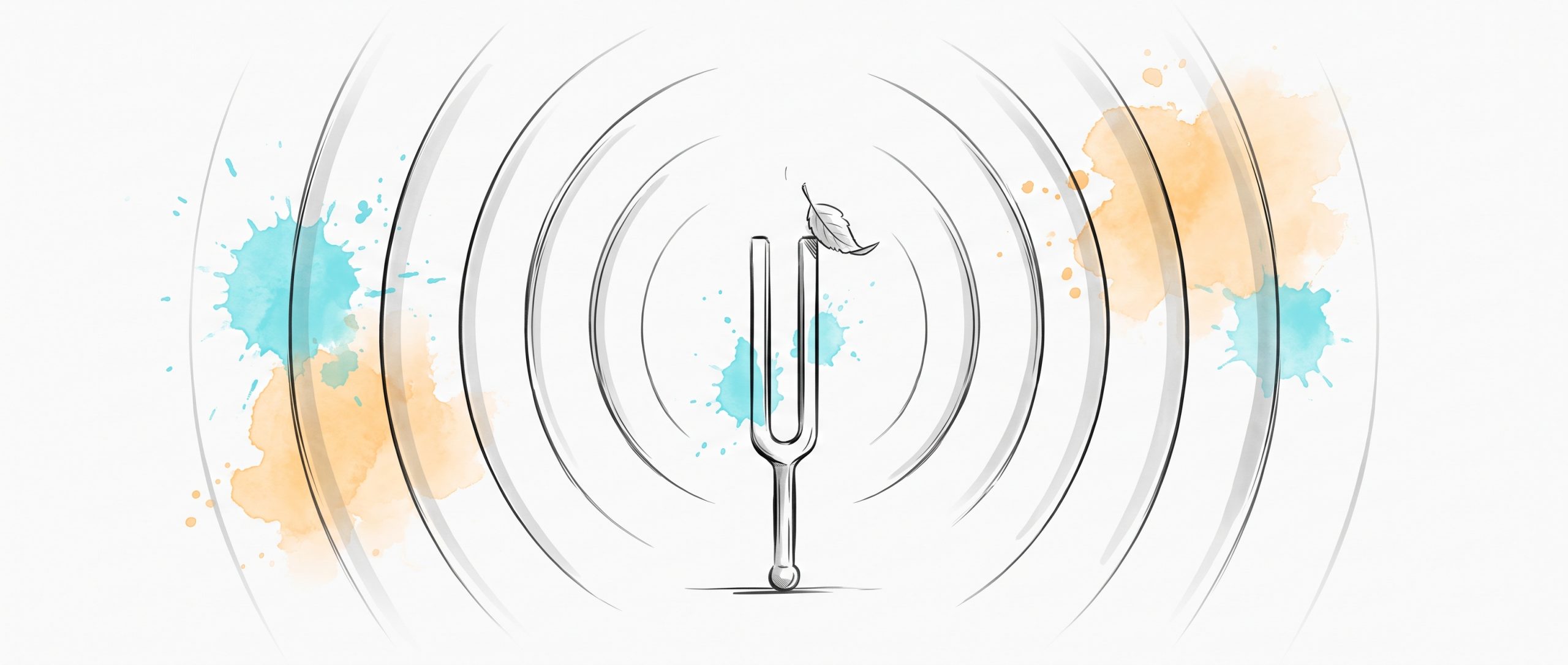 Hand-drawn ink illustration of a tuning fork touched by a single tiny falling leaf, with vast concentric resonance arcs ringing outward — a feather-light signal producing a wide, long-lasting response
