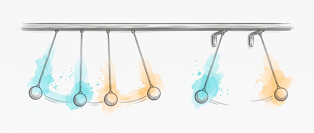 Hand-drawn ink illustration: four pendulums hung from one shared rail swing together, while two pendulums on their own separate brackets swing freely at their own angles.
