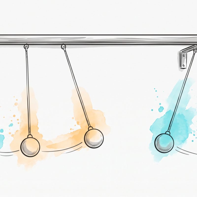 Hand-drawn ink illustration: four pendulums hung from one shared rail swing together, while two pendulums on their own separate brackets swing freely at their own angles.