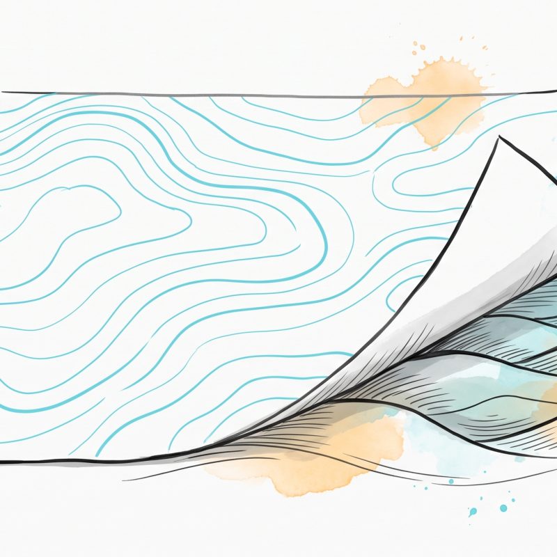 Hand-drawn ink illustration: a contour map on paper lifted at one corner to reveal real rolling hills beneath whose shapes do not match the drawn contour lines