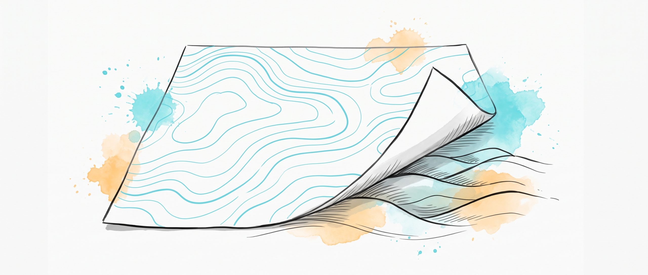 Hand-drawn ink illustration: a contour map on paper lifted at one corner to reveal real rolling hills beneath whose shapes do not match the drawn contour lines