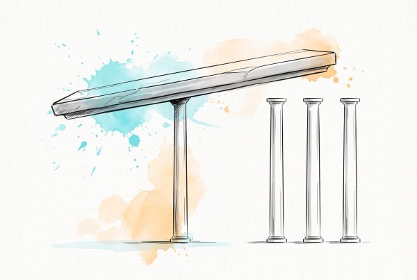 Hand-drawn ink illustration: a wide flat slab tilting on a single slender column, with three more columns standing ready to be placed beneath it — self-worth resting on one narrow standard, and the work of widening its base