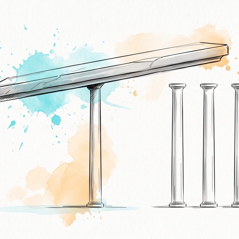 Hand-drawn ink illustration: a wide flat slab tilting on a single slender column, with three more columns standing ready to be placed beneath it — self-worth resting on one narrow standard, and the work of widening its base