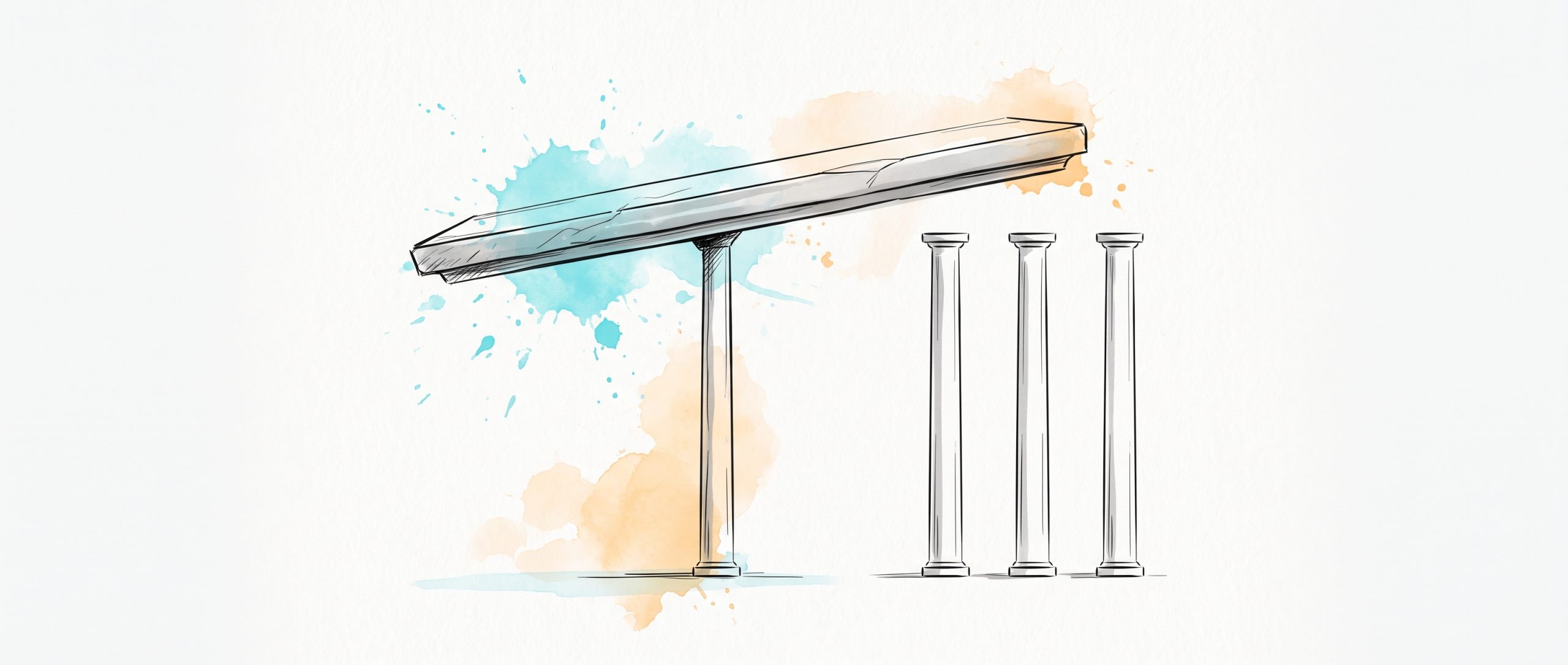 Hand-drawn ink illustration: a wide flat slab tilting on a single slender column, with three more columns standing ready to be placed beneath it — self-worth resting on one narrow standard, and the work of widening its base