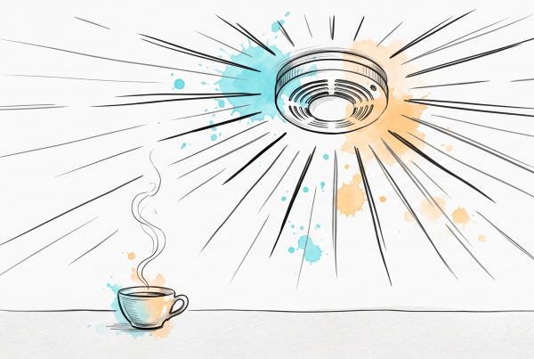 Hand-drawn ink illustration: a ceiling smoke alarm blaring at full volume, set off only by a thin curl of steam from a teacup below