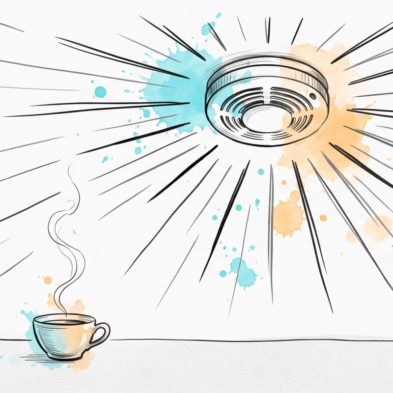 Hand-drawn ink illustration: a ceiling smoke alarm blaring at full volume, set off only by a thin curl of steam from a teacup below