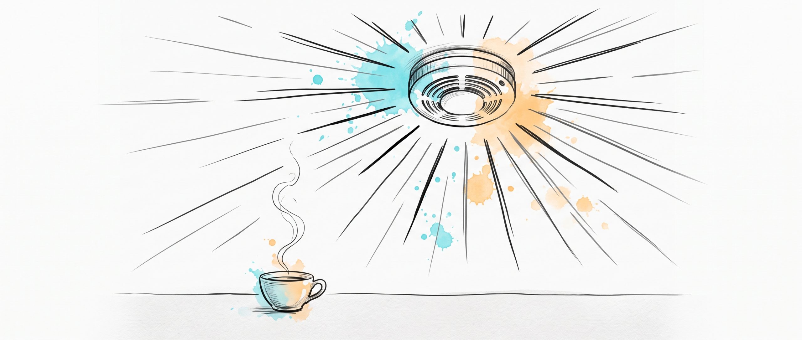 Hand-drawn ink illustration: a ceiling smoke alarm blaring at full volume, set off only by a thin curl of steam from a teacup below