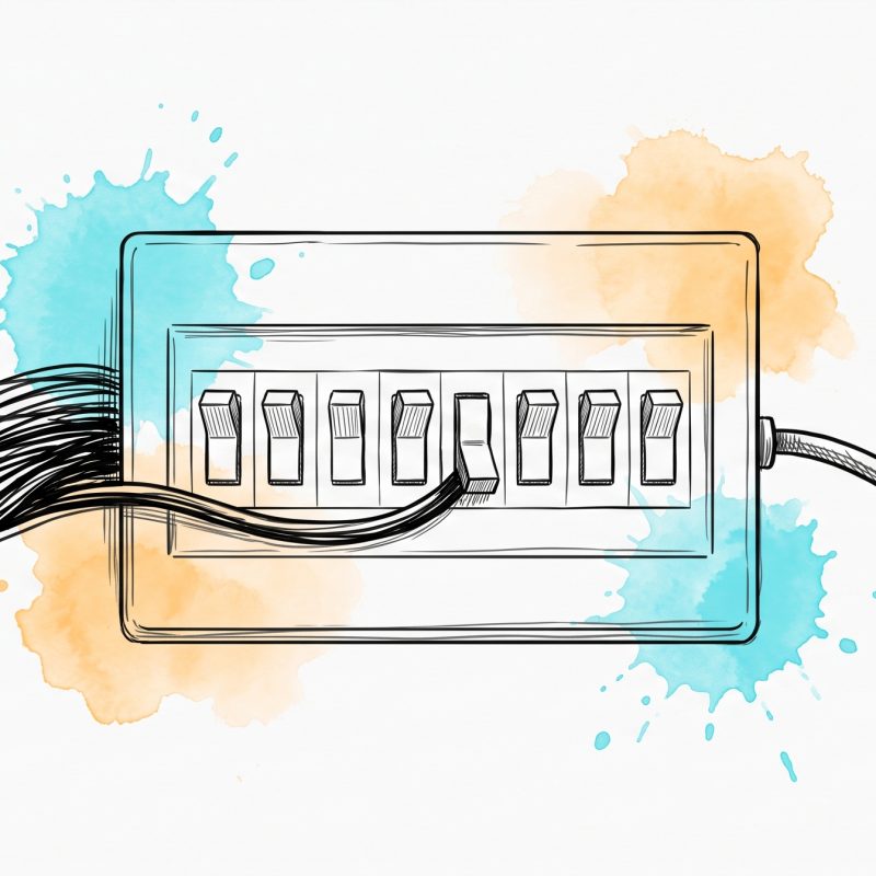 Hand-drawn ink illustration: a dense overloaded bundle of wires arrives at a switch panel where one switch has tripped off by itself, and a single slack quiet wire leaves the other side.