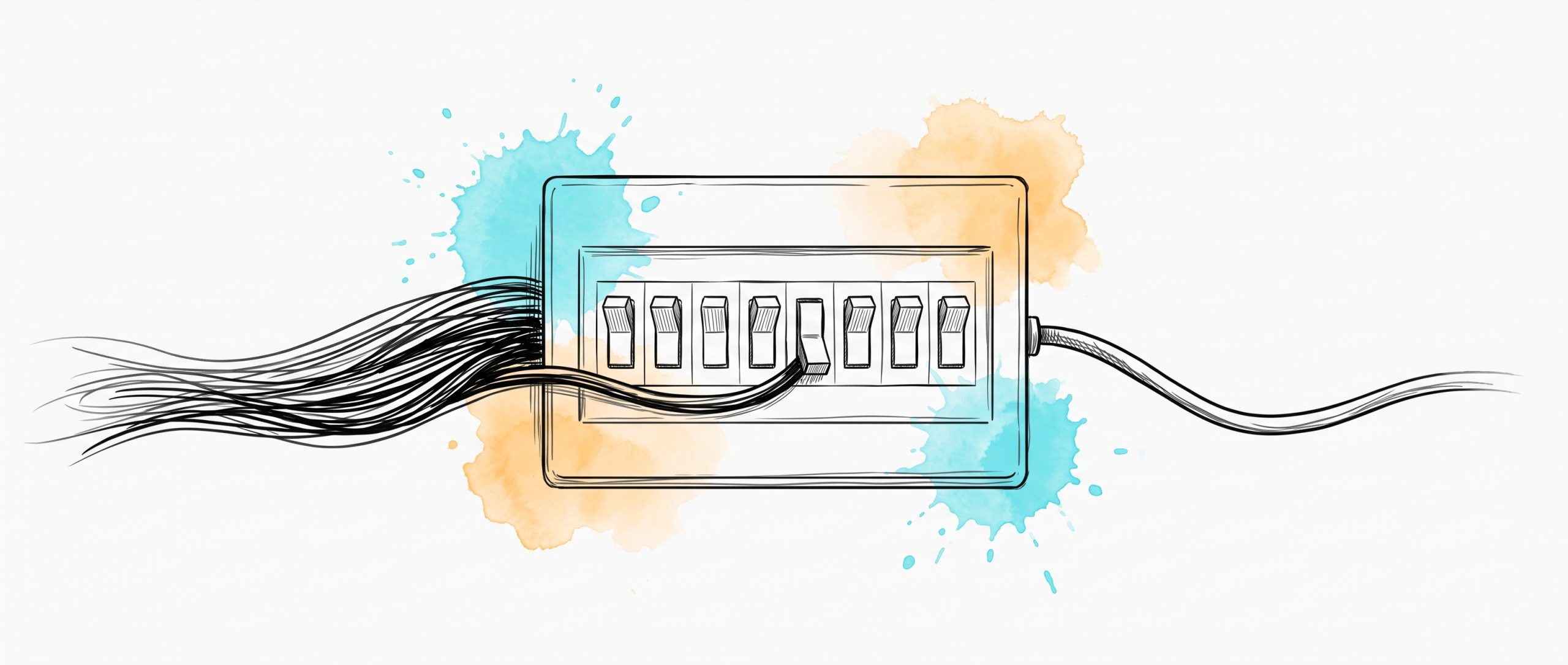 Hand-drawn ink illustration: a dense overloaded bundle of wires arrives at a switch panel where one switch has tripped off by itself, and a single slack quiet wire leaves the other side.