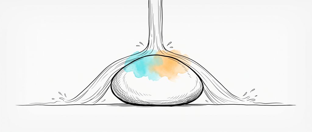 Ink illustration of water pouring over a smooth stone and sheeting off both sides, while a cyan and apricot watercolour stain on the stone stays completely unchanged