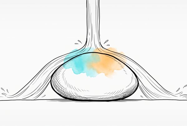 Ink illustration of water pouring over a smooth stone and sheeting off both sides, while a cyan and apricot watercolour stain on the stone stays completely unchanged