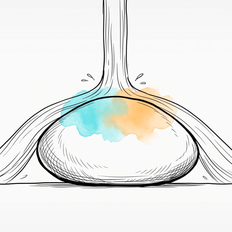 Ink illustration of water pouring over a smooth stone and sheeting off both sides, while a cyan and apricot watercolour stain on the stone stays completely unchanged