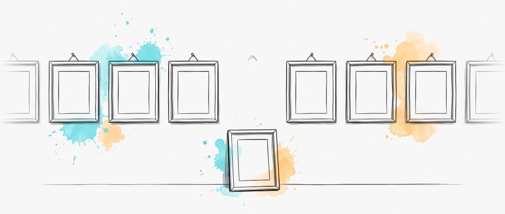 Hand-drawn ink illustration of a row of empty picture frames hung on a wall, with one bare hook leaving a gap and the frame that belongs there resting on the floor below, leaning against the wall