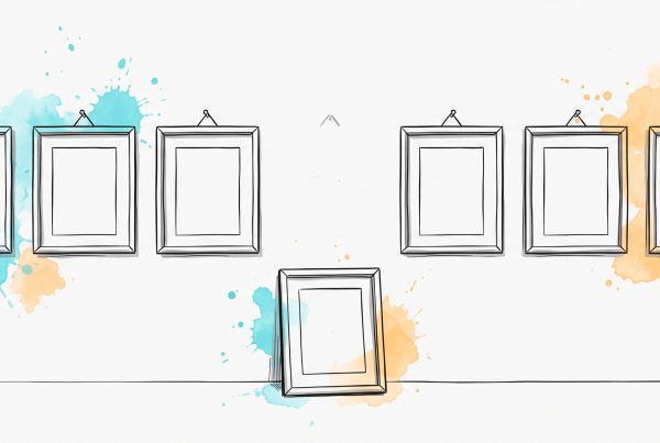 Hand-drawn ink illustration of a row of empty picture frames hung on a wall, with one bare hook leaving a gap and the frame that belongs there resting on the floor below, leaning against the wall