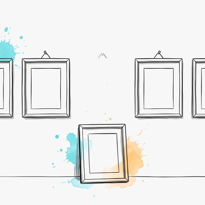 Hand-drawn ink illustration of a row of empty picture frames hung on a wall, with one bare hook leaving a gap and the frame that belongs there resting on the floor below, leaning against the wall