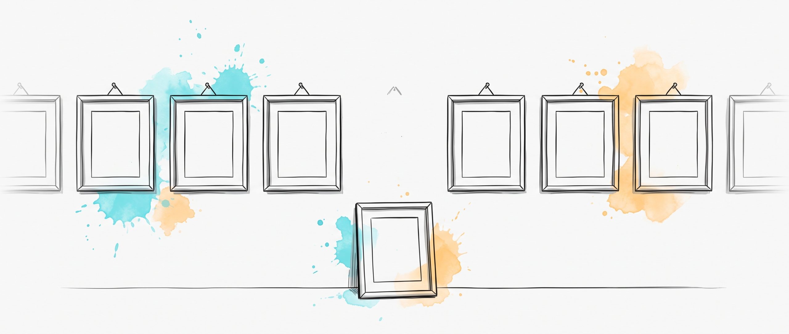 Hand-drawn ink illustration of a row of empty picture frames hung on a wall, with one bare hook leaving a gap and the frame that belongs there resting on the floor below, leaning against the wall