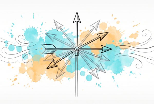 Ink illustration of a plain weathervane whose arrow swings to face every direction as wind gusts arrive from both sides, with cyan and apricot watercolour splashes