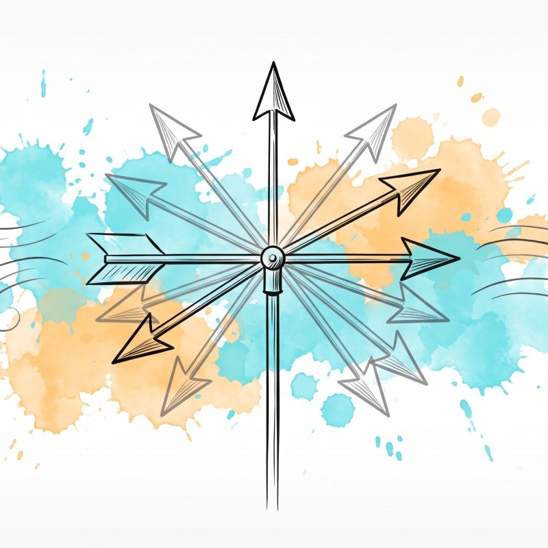 Ink illustration of a plain weathervane whose arrow swings to face every direction as wind gusts arrive from both sides, with cyan and apricot watercolour splashes