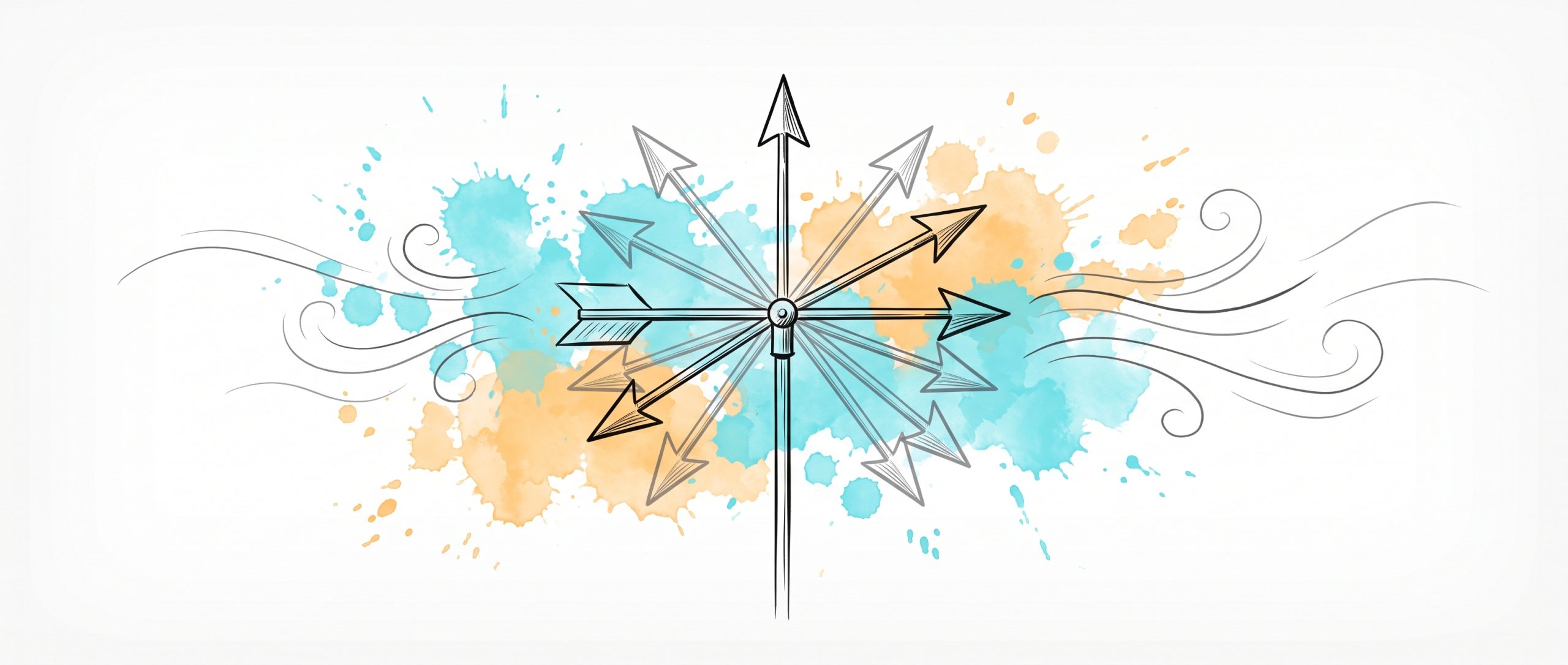 Ink illustration of a plain weathervane whose arrow swings to face every direction as wind gusts arrive from both sides, with cyan and apricot watercolour splashes