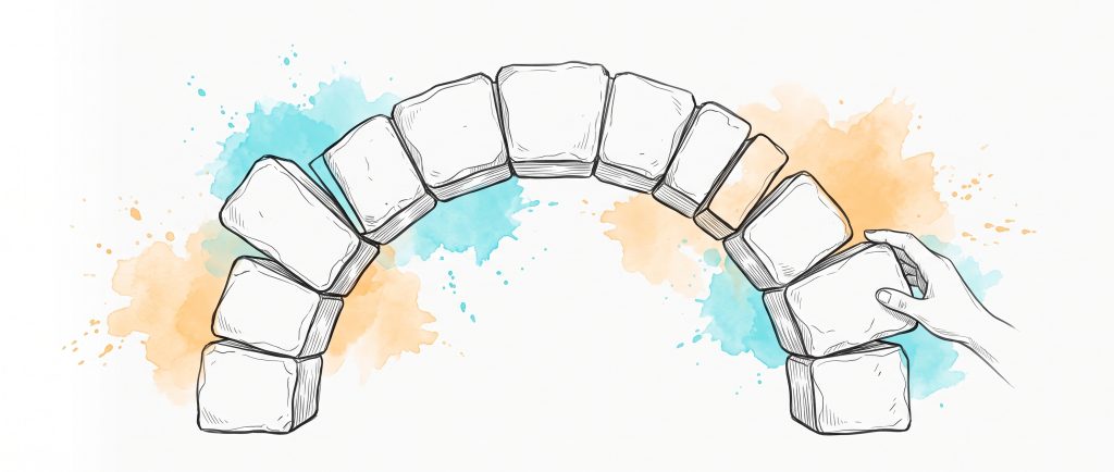 Ink illustration of a stone arch with a few stones slipped out of line, a hand pressing one back into place, with cyan and apricot watercolour splashes