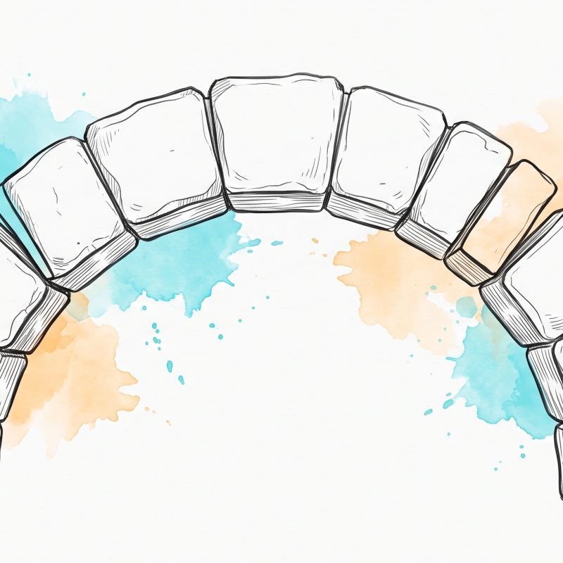 Ink illustration of a stone arch with a few stones slipped out of line, a hand pressing one back into place, with cyan and apricot watercolour splashes
