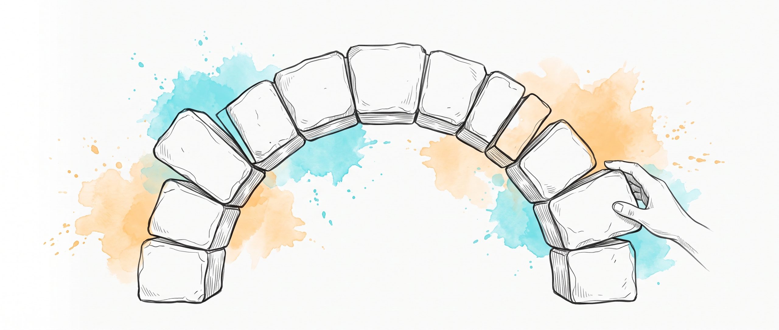 Ink illustration of a stone arch with a few stones slipped out of line, a hand pressing one back into place, with cyan and apricot watercolour splashes