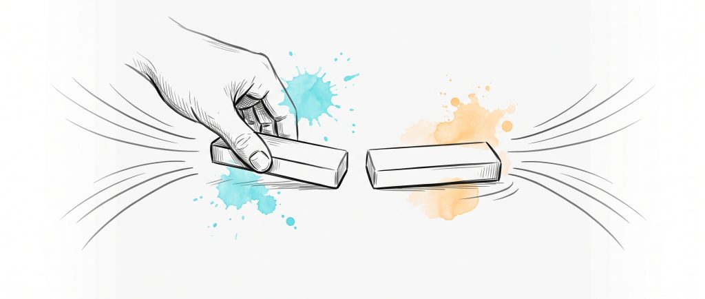 Hand-drawn ink illustration of a hand pressing one plain bar magnet toward another, the two refusing to meet, with repulsion arcs curving outward between them