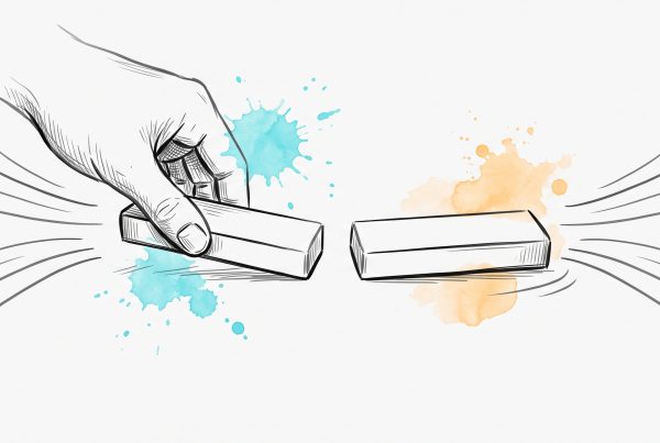 Hand-drawn ink illustration of a hand pressing one plain bar magnet toward another, the two refusing to meet, with repulsion arcs curving outward between them