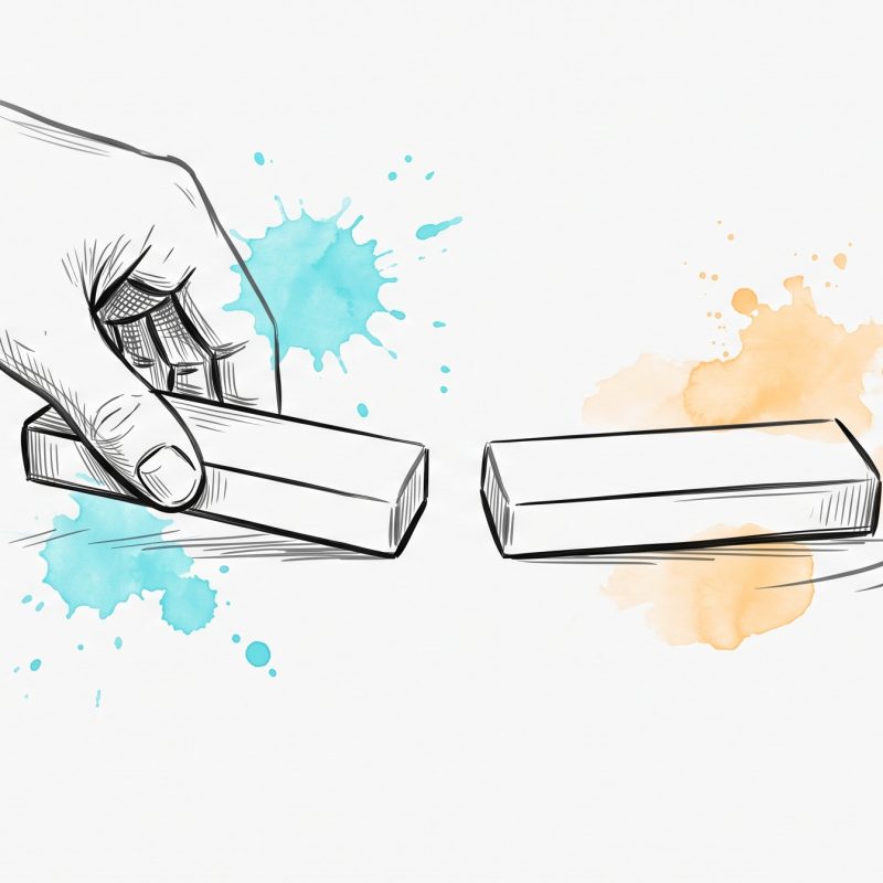 Hand-drawn ink illustration of a hand pressing one plain bar magnet toward another, the two refusing to meet, with repulsion arcs curving outward between them