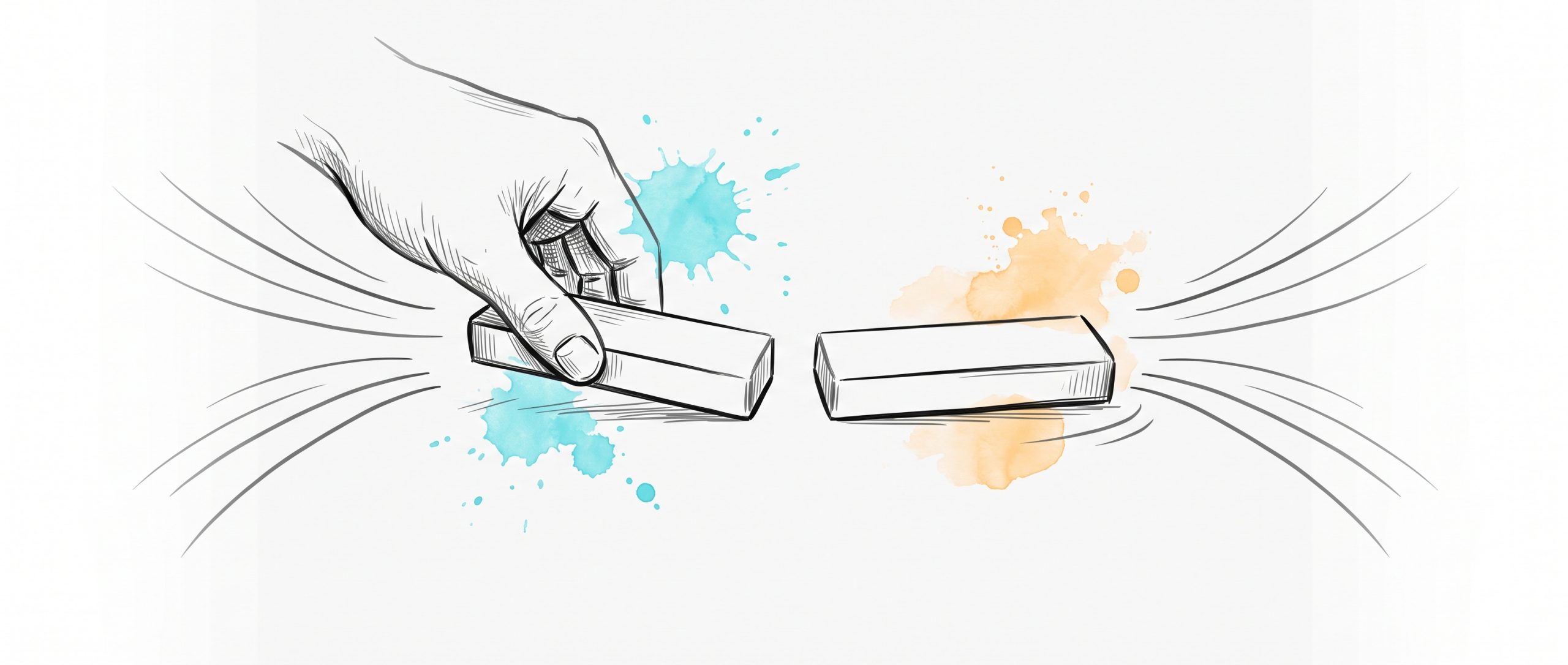 Hand-drawn ink illustration of a hand pressing one plain bar magnet toward another, the two refusing to meet, with repulsion arcs curving outward between them