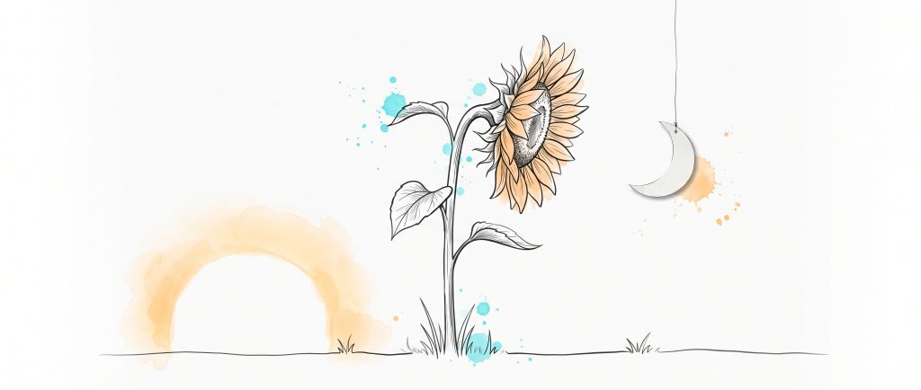 Ink and watercolour illustration of a sunflower turning away from a glowing sun to crane toward a paper moon hanging on a thread