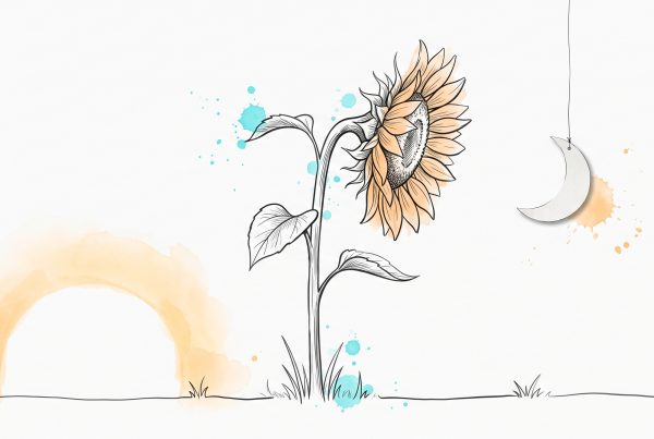 Ink and watercolour illustration of a sunflower turning away from a glowing sun to crane toward a paper moon hanging on a thread
