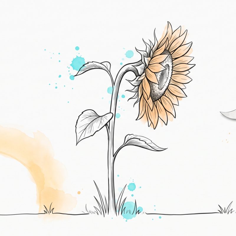Ink and watercolour illustration of a sunflower turning away from a glowing sun to crane toward a paper moon hanging on a thread