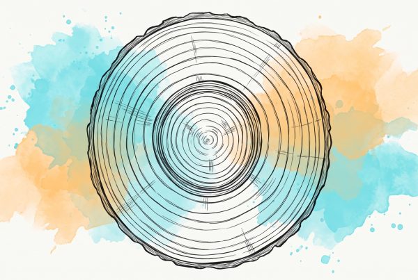 Pen-and-ink illustration of a tree trunk cross-section: the growth rings crowd tightly together in one narrow band, then space out wide and generous again beyond it