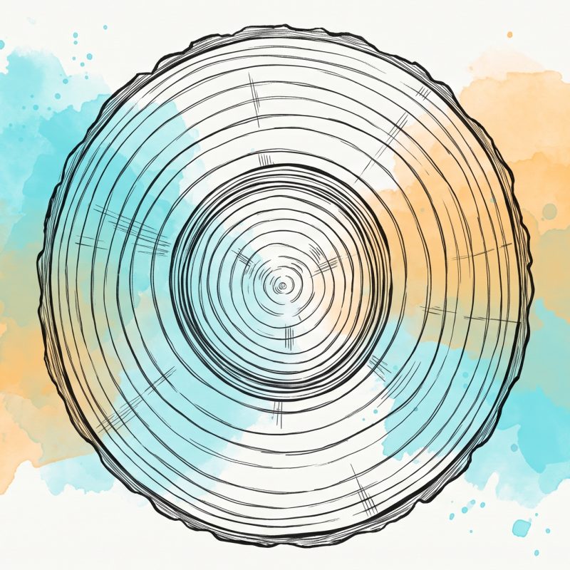 Pen-and-ink illustration of a tree trunk cross-section: the growth rings crowd tightly together in one narrow band, then space out wide and generous again beyond it