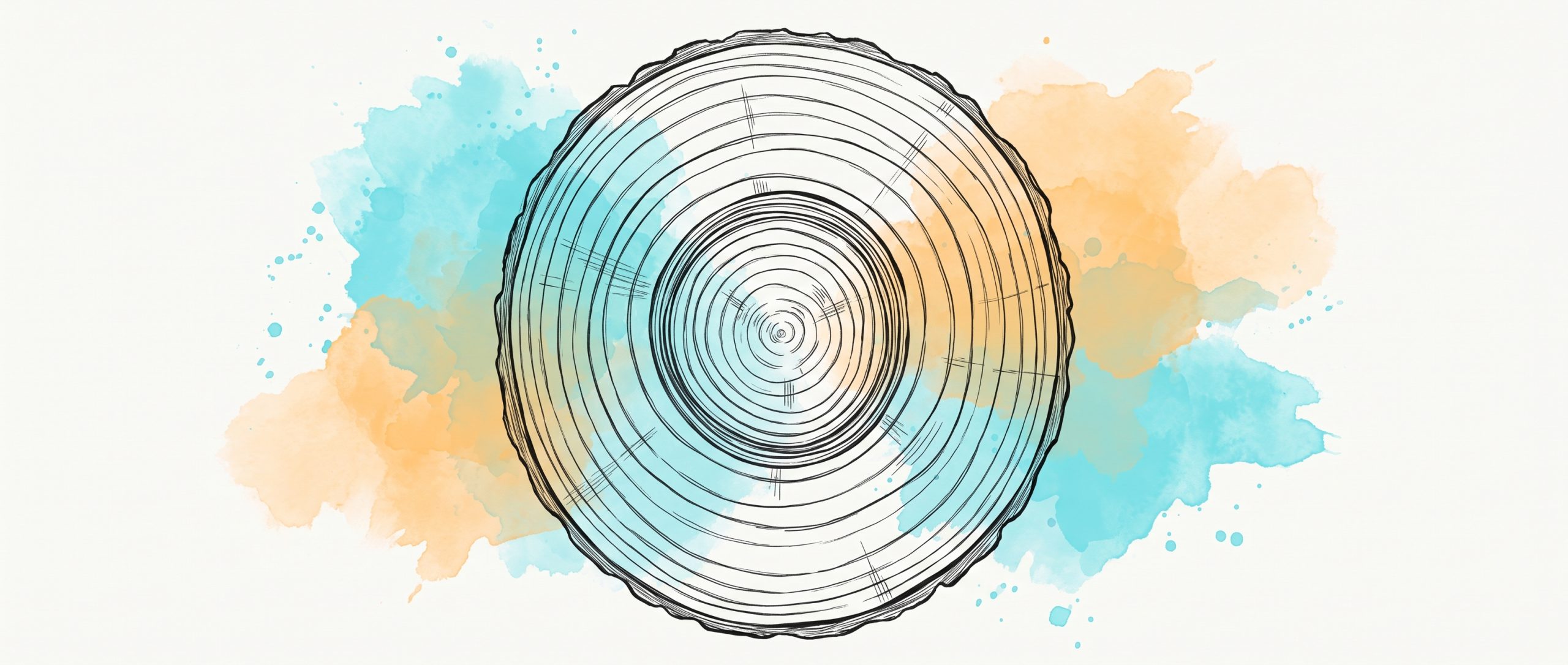 Pen-and-ink illustration of a tree trunk cross-section: the growth rings crowd tightly together in one narrow band, then space out wide and generous again beyond it